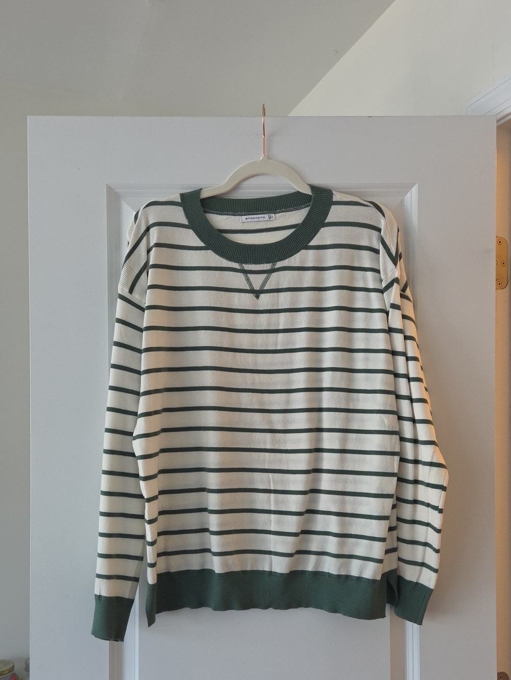 Everlane Cream Crewneck Sweater with Forest Green Stripes